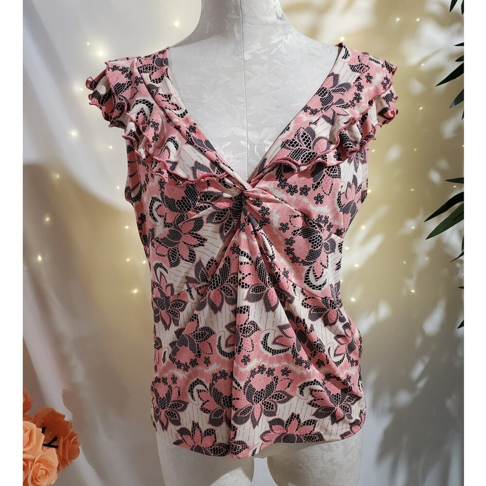 Vtg Y2K Christopher & Banks Floral Twist Front Ruffle V-Neck Babydoll Top Size L